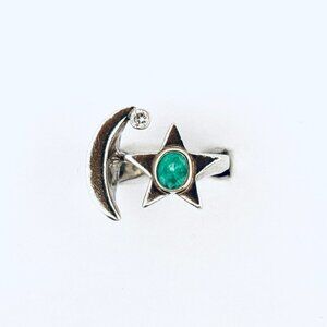 Sterling Silver Moon & Star Ring w/ Emerald & CZ Unique Celestial Statement